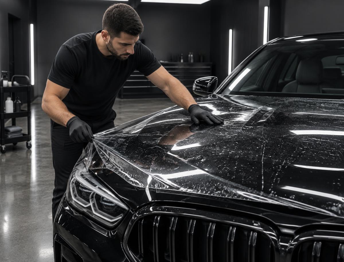 Technician applying clear paint protection film to a vehicle