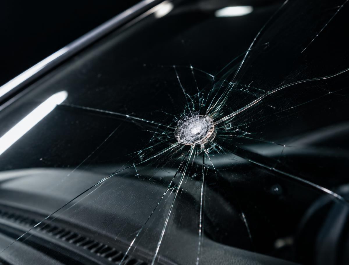 Close-up of a cracked windshield with rock chip damage before repair