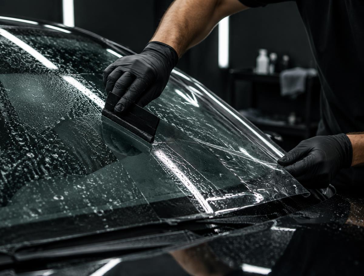 Clear windshield protection film being installed on a vehicle windshield